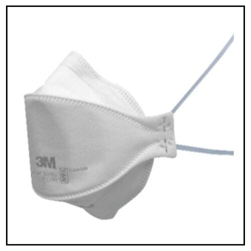 photo of boat shaped N95 respirator from a slight side view with straps extended offscreen