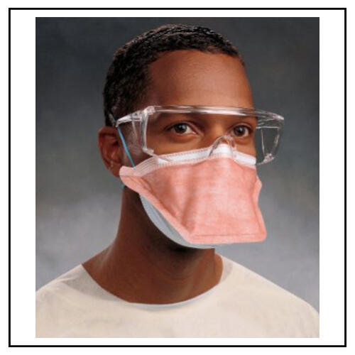 photo of a Black person wearing a light colored tshirt. The person is also wearing safety glasses and an orange and white duckbill respirator with head straps.