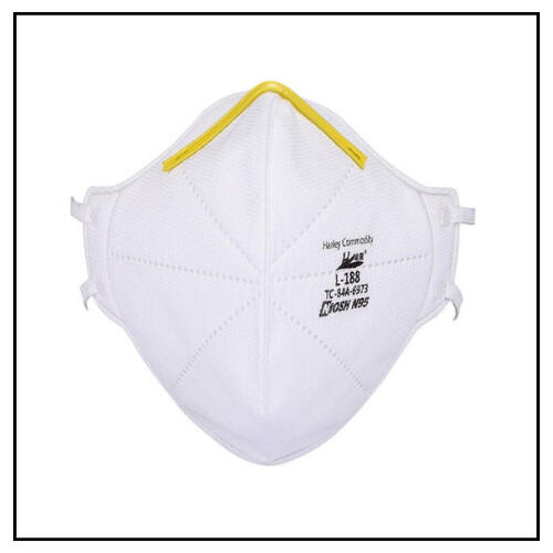 photo of bifold white N95 respirator with yellow nosewire