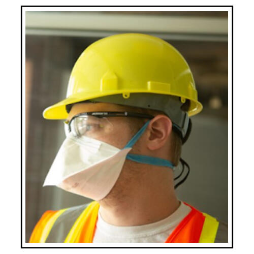 photo of white worker in yellow hard hat, safety glasses and neon safety vest wearing a white duckbill respirator with blue headstraps.