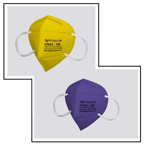 photo of two masks, both bifold ear loop respirators, with the one on top being a bright yellow, and the one on the bottom being a deep purple.