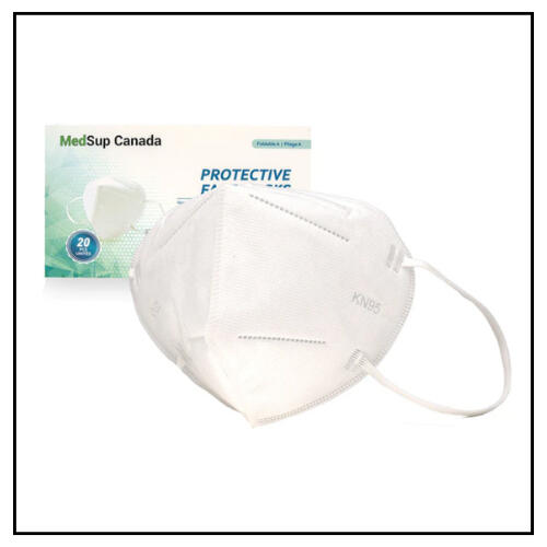 photo of a white bifold respirator with earloops in front of its boxed packaging