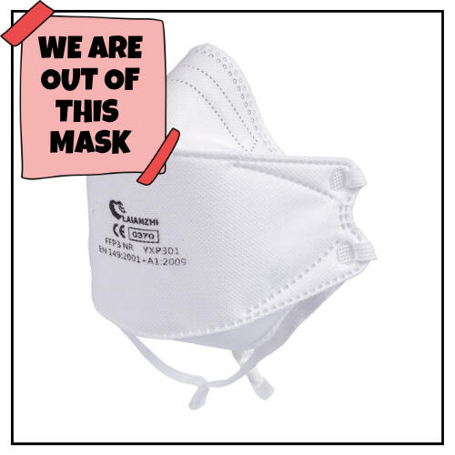 photo of white bifold N95 respirator in front of it's boxed packaging